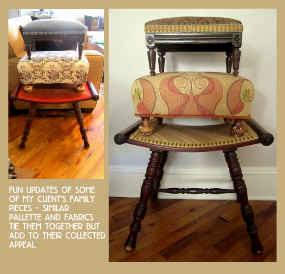 Contemporary re-upholstery of three family stools
