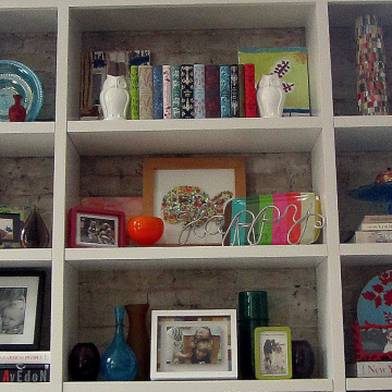 Colorful built-in with lots of kid art!