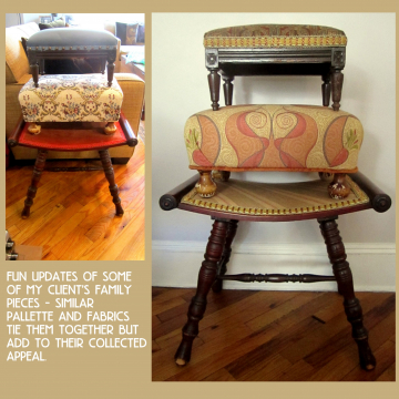 Contemporary re-upholstery of three family stools